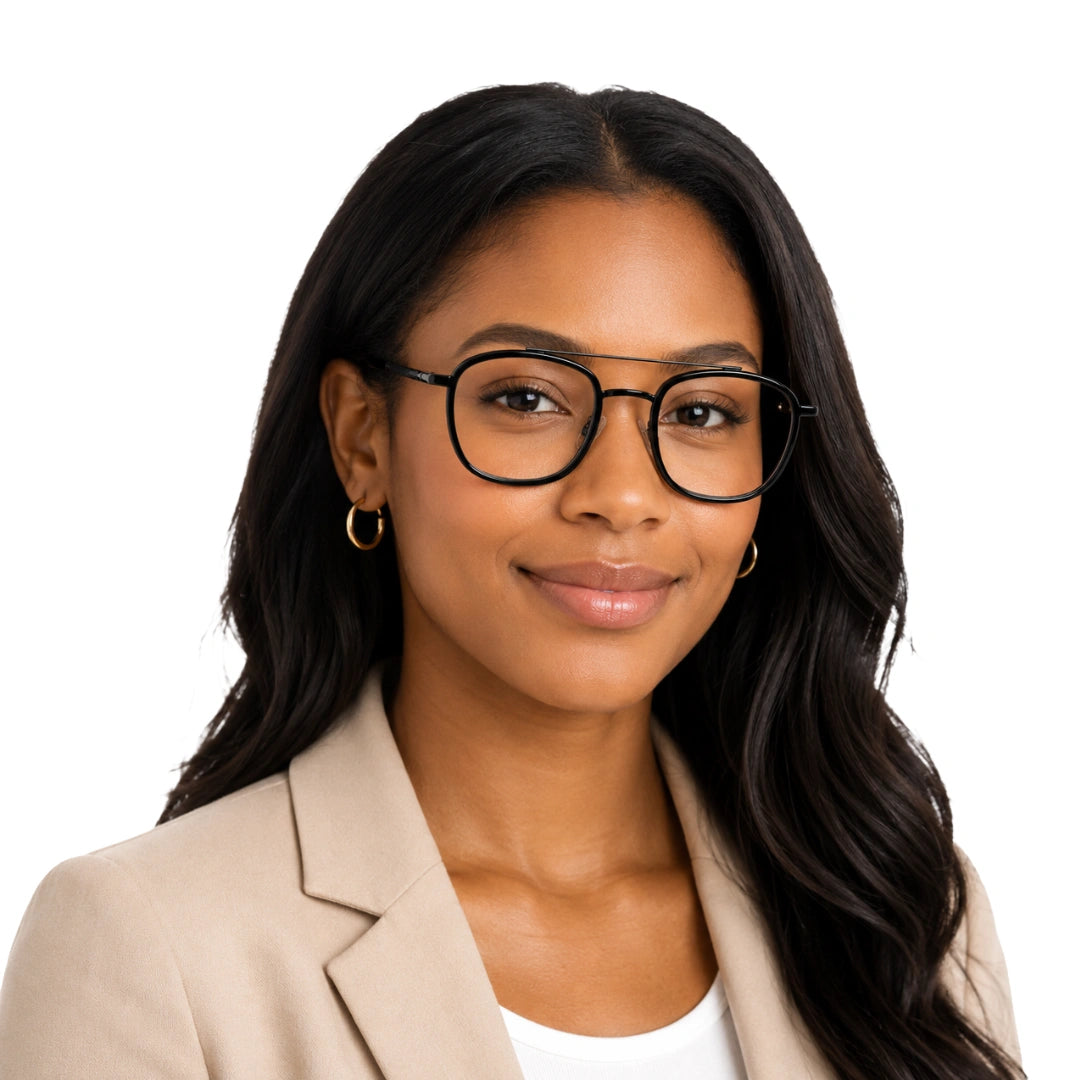 Woman wearing OS Slomga 31004 modern square double bridge eyeglasses in glossy black, front view