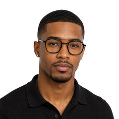 Man wearing OS Slomga 31004 modern square double bridge eyeglasses in glossy black, front view
