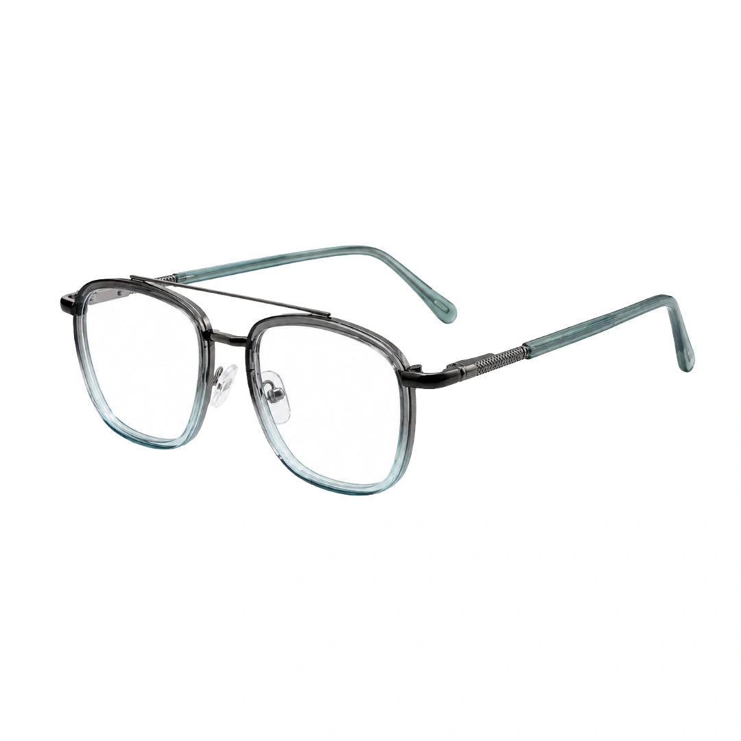 OS Slomga 31004 modern square double bridge eyeglasses in grey and blue, three-quarter angled view