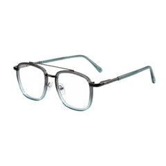 OS Slomga 31004 modern square double bridge eyeglasses in grey and blue, three-quarter angled view