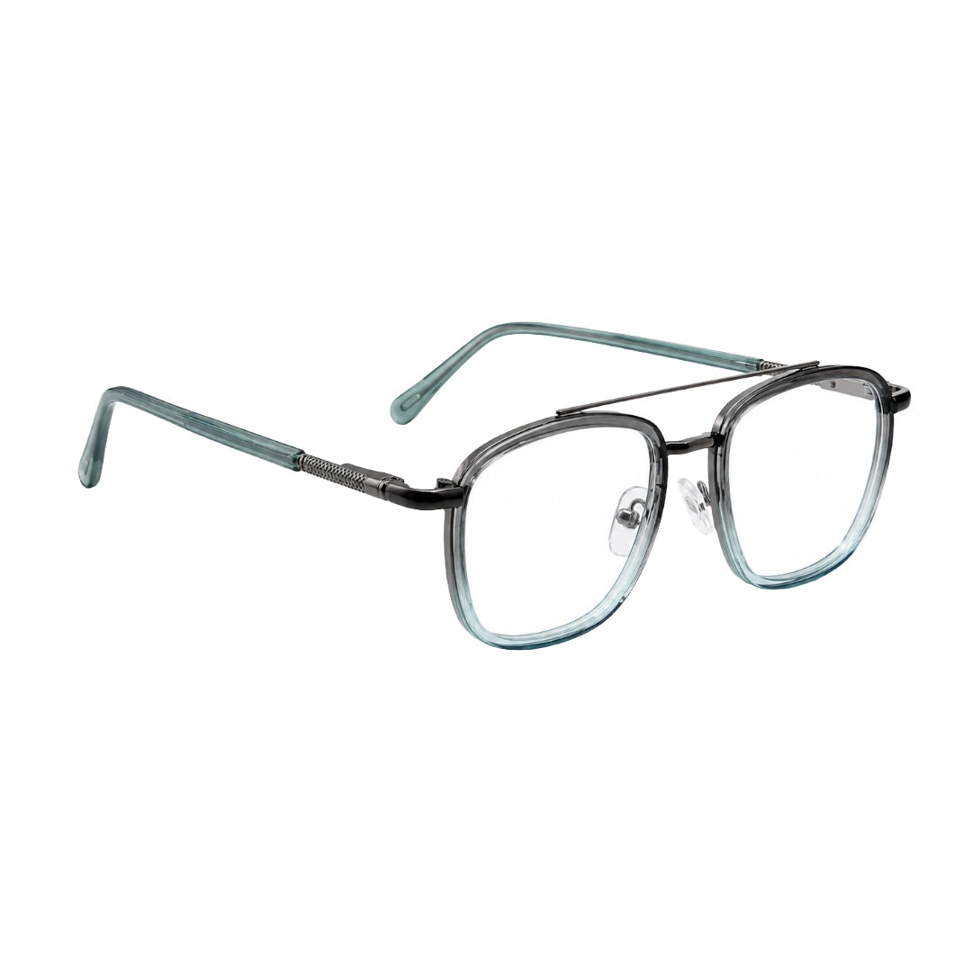 OS Slomga 31004 modern square double bridge eyeglasses in grey and blue, angled view