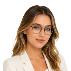 Woman wearing OS Slomga 31004 modern square double bridge eyeglasses in grey and blue