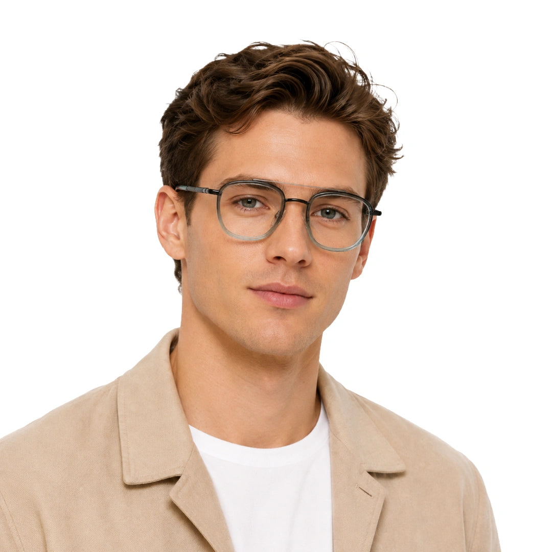 Man wearing OS Slomga 31004 modern square double bridge eyeglasses in grey and blue