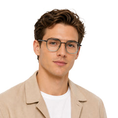 Man wearing OS Slomga 31004 modern square double bridge eyeglasses in grey and blue