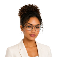 Woman wearing OS Slomga 31004 modern square double bridge eyeglasses in grey and blue, front view