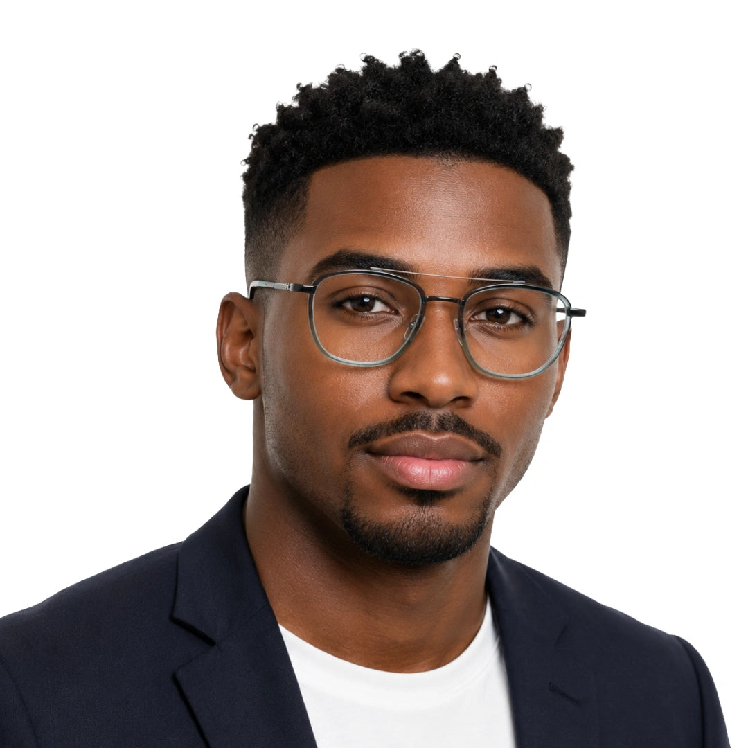 Man wearing OS Slomga 31004 modern square double bridge eyeglasses in grey and blue, front view