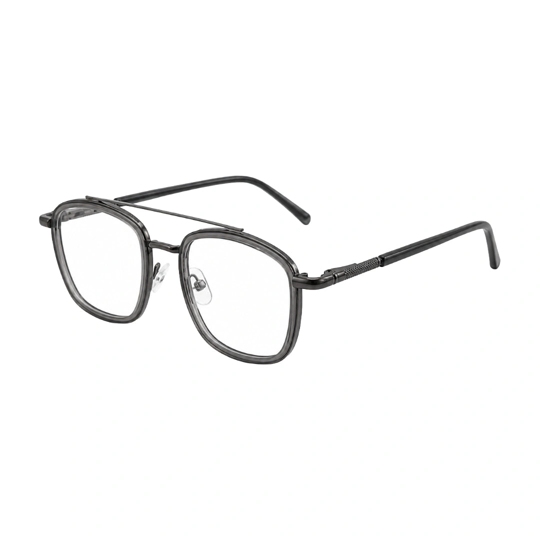 OS Slomga 31004 modern square double bridge eyeglasses in grey and gunmetal, three-quarter angled view
