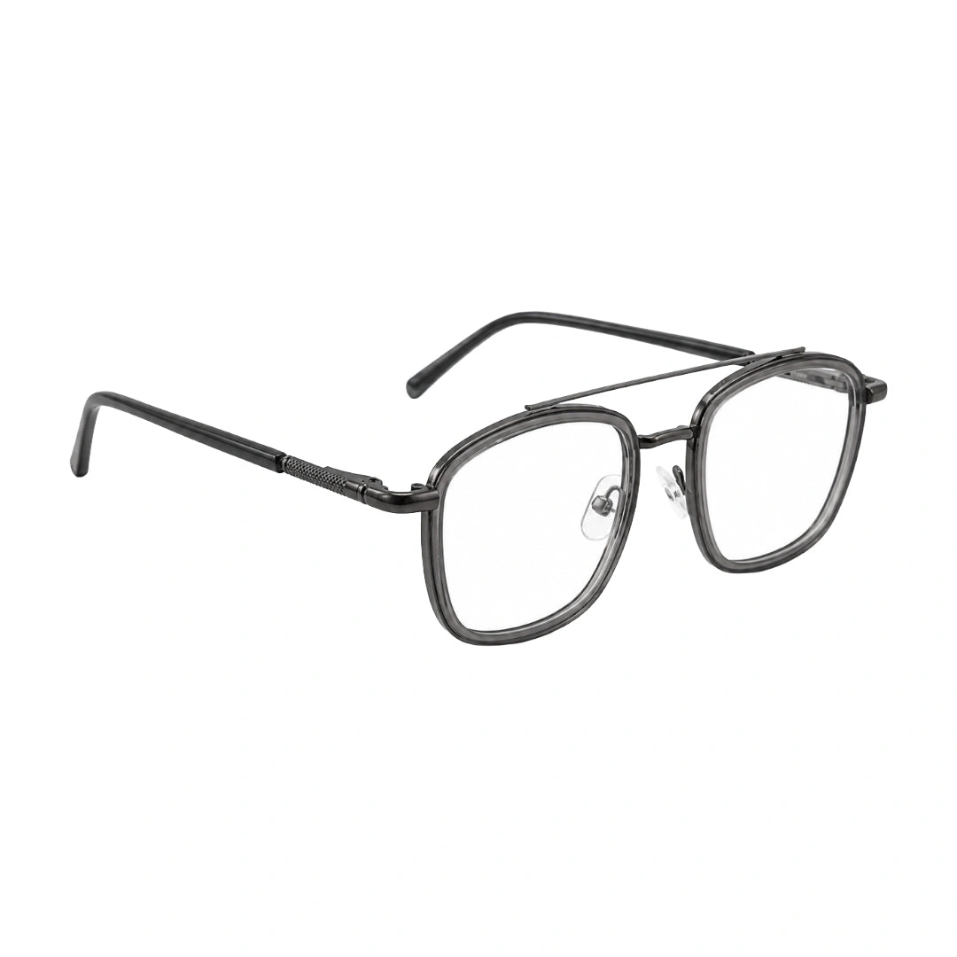 OS Slomga 31004 modern square double bridge eyeglasses in grey and gunmetal, angled view
