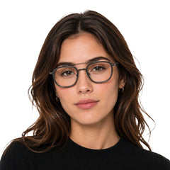 Woman wearing OS Slomga 31004 modern square double bridge eyeglasses in grey and gunmetal