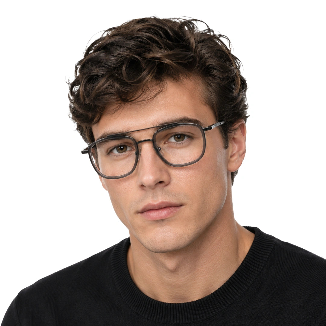 Man wearing OS Slomga 31004 modern square double bridge eyeglasses in grey and gunmetal