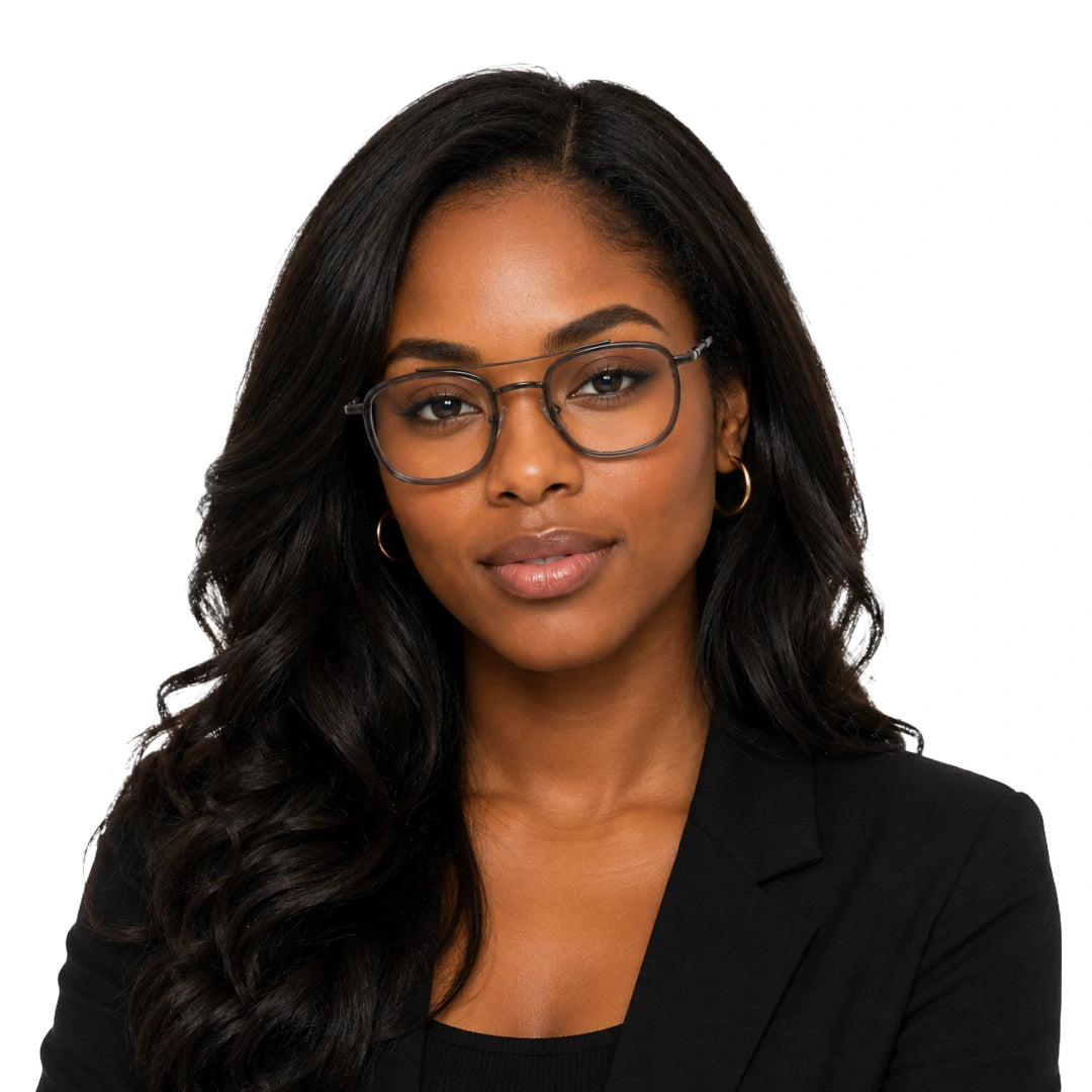 Woman wearing OS Slomga 31004 modern square double bridge eyeglasses in grey and gunmetal, front view
