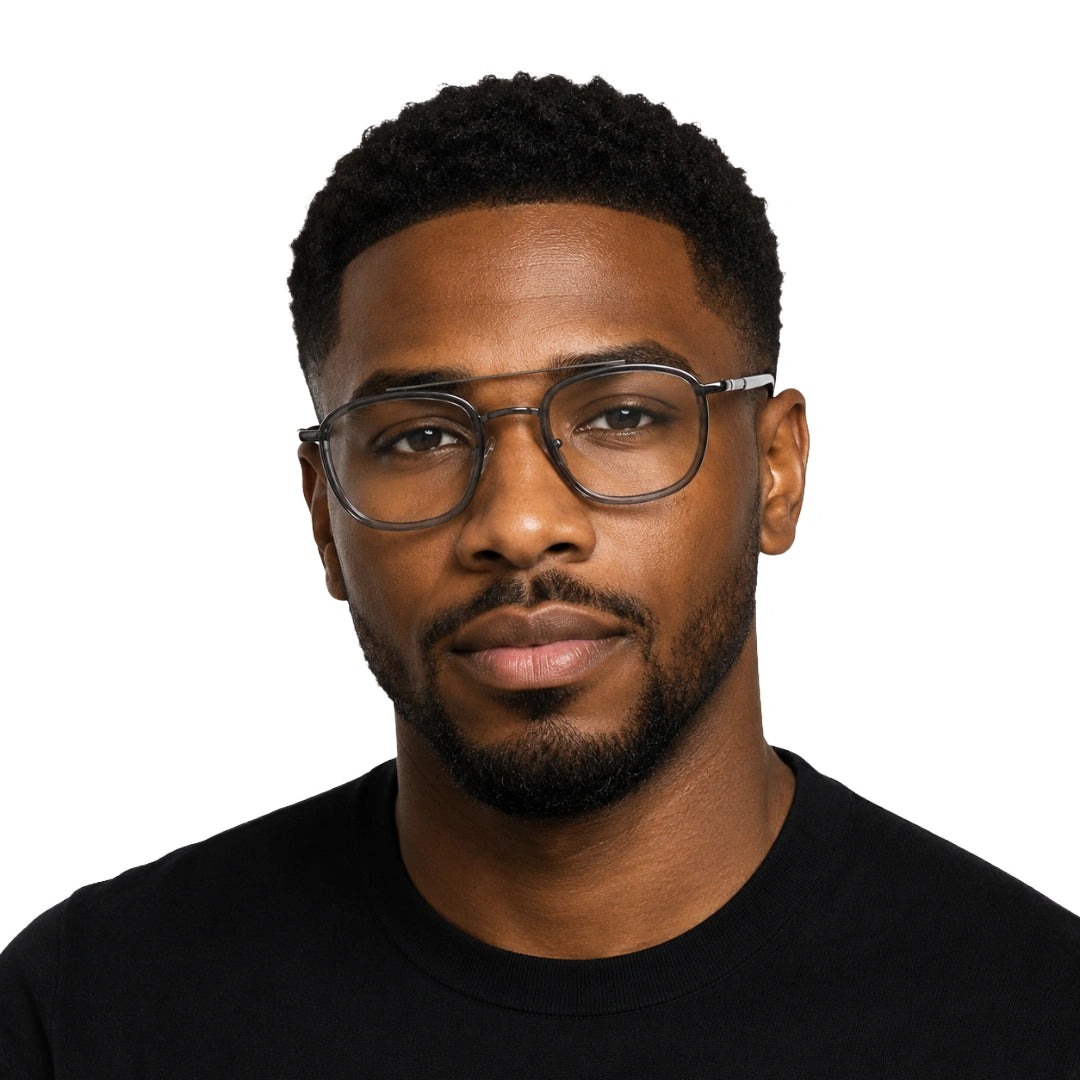 Man wearing OS Slomga 31004 modern square double bridge eyeglasses in grey and gunmetal, front view