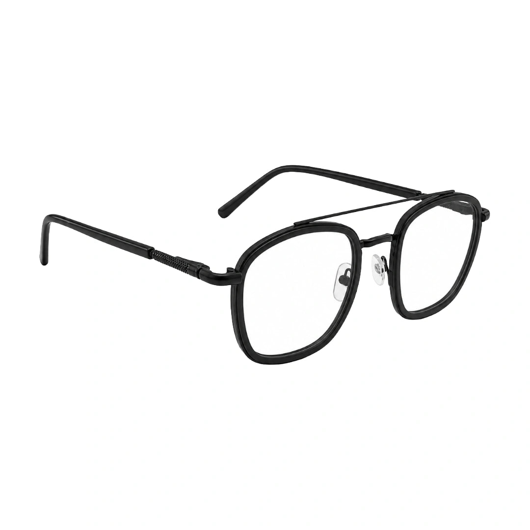 OS Slomga 31004 modern square double bridge eyeglasses in matte black, angled view