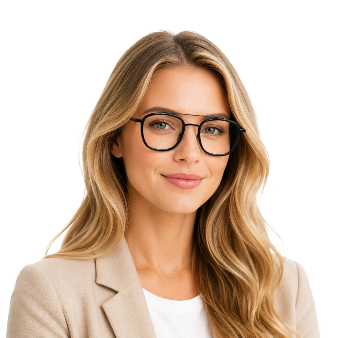 Woman wearing OS Slomga 31004 modern square double bridge eyeglasses in matte black