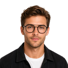 Man wearing OS Slomga 31004 modern square double bridge eyeglasses in matte black