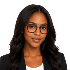 Woman wearing OS Slomga 31004 modern square double bridge eyeglasses in matte black, front view
