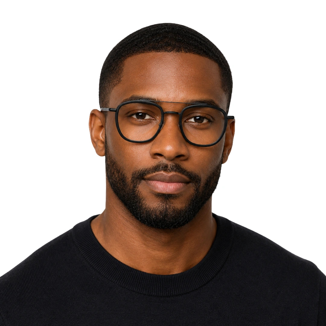 Man wearing OS Slomga 31004 modern square double bridge eyeglasses in matte black, front view