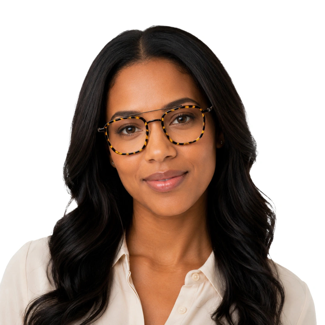 Woman wearing OS Slomga 31004 modern square double bridge eyeglasses in tortoise shell, front view