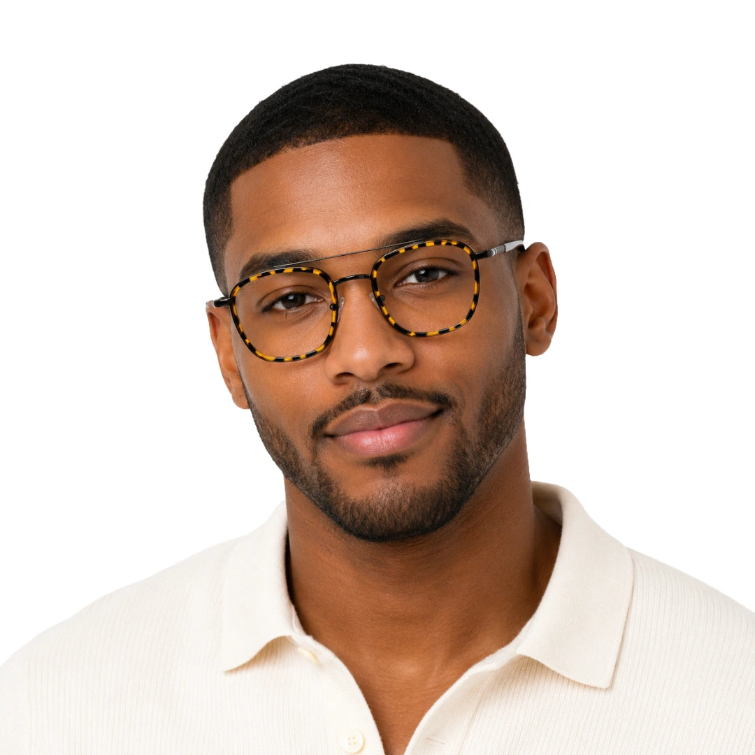 Man wearing OS Slomga 31004 modern square double bridge eyeglasses in tortoise shell, front view