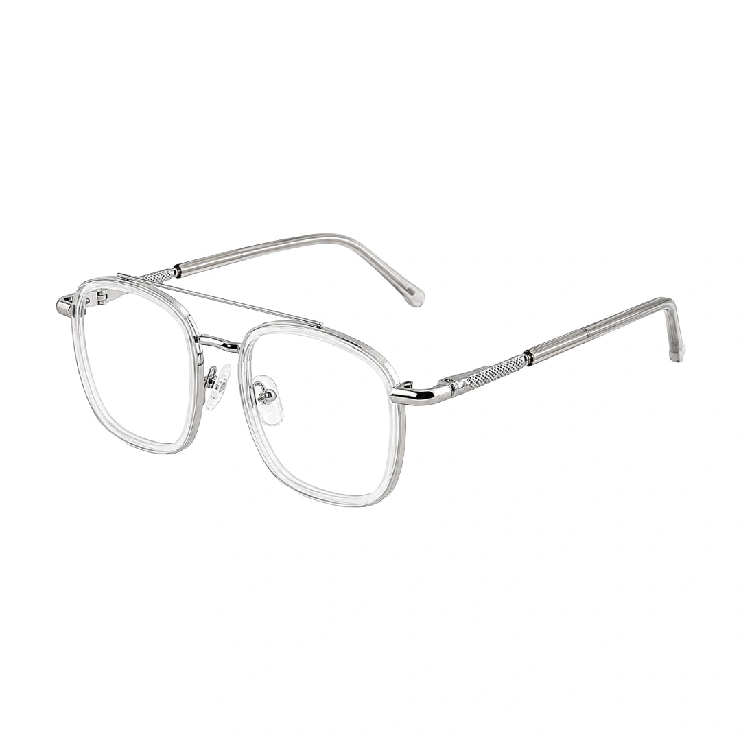 OS Slomga 31004 modern square double bridge eyeglasses in transparent, three-quarter angled view