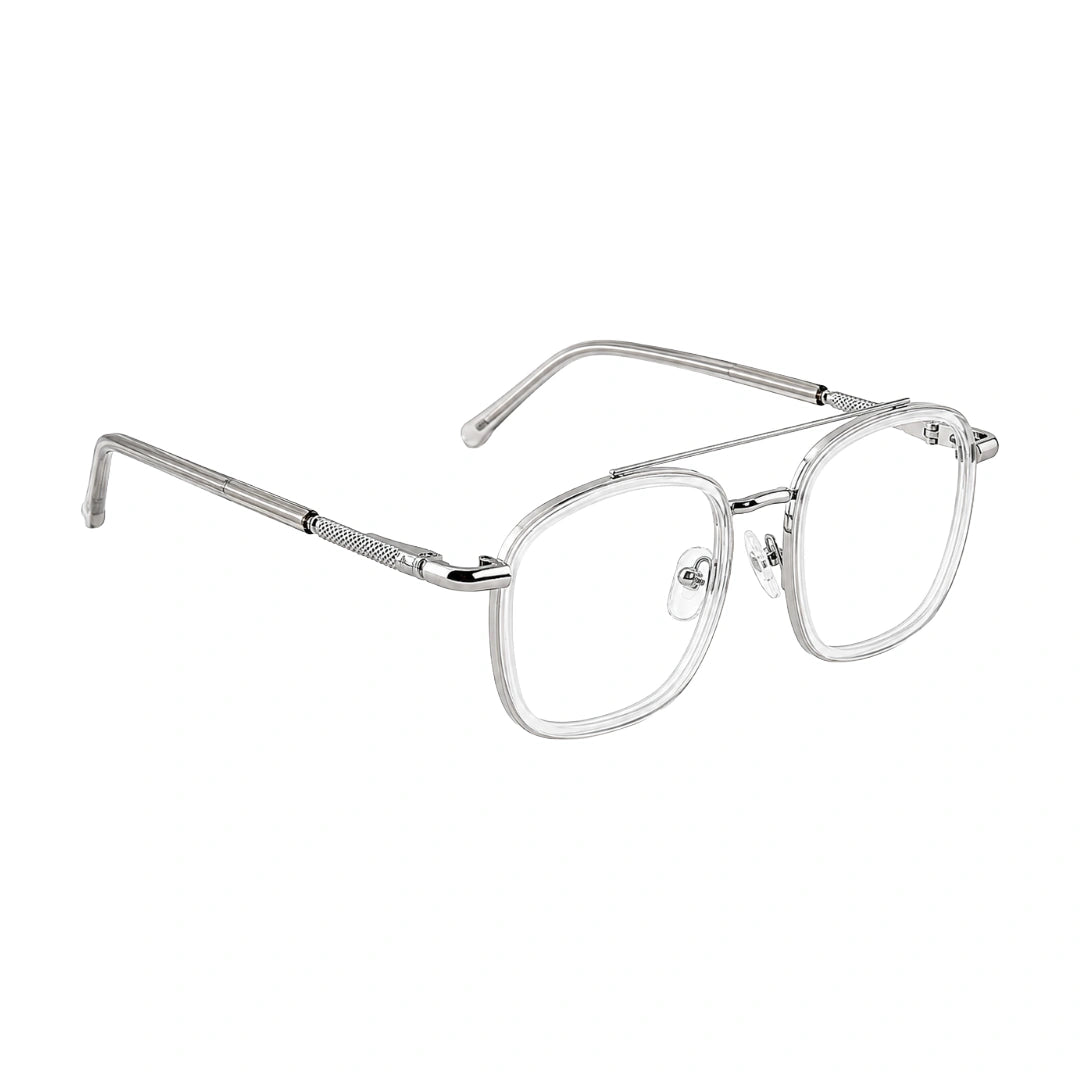 OS Slomga 31004 modern square double bridge eyeglasses in transparent, angled view