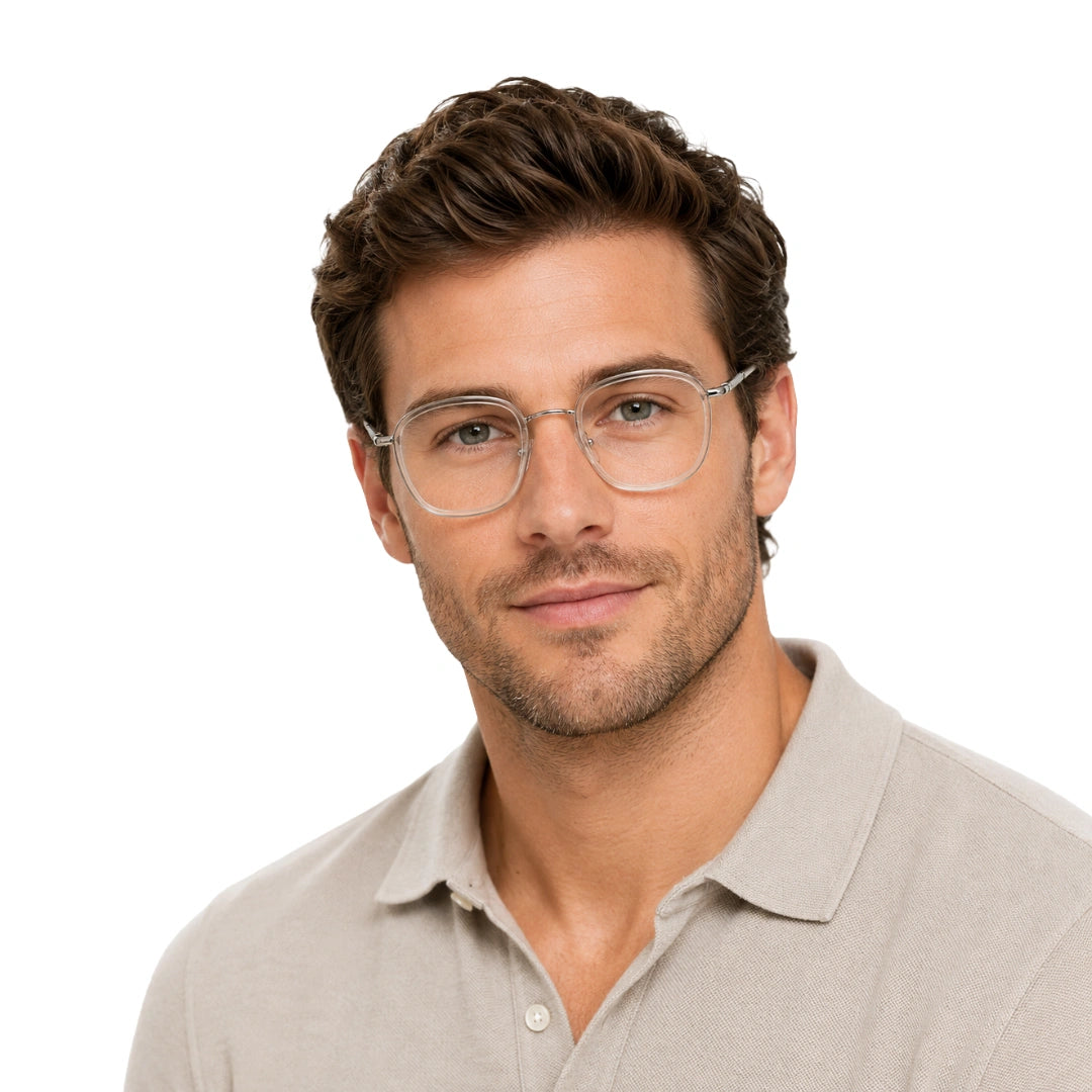 Man wearing OS Slomga 31004 modern square double bridge eyeglasses in transparent