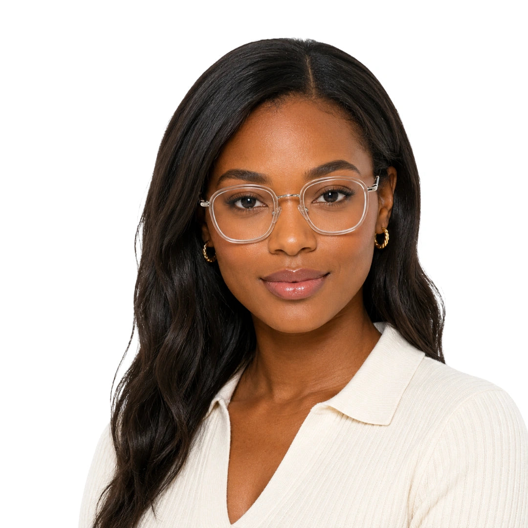 Woman wearing OS Slomga 31004 modern square double bridge eyeglasses in transparent, front view