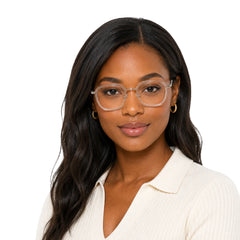 Woman wearing OS Slomga 31004 modern square double bridge eyeglasses in transparent, front view