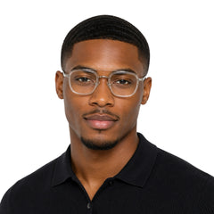 Man wearing OS Slomga 31004 modern square double bridge eyeglasses in transparent, front view