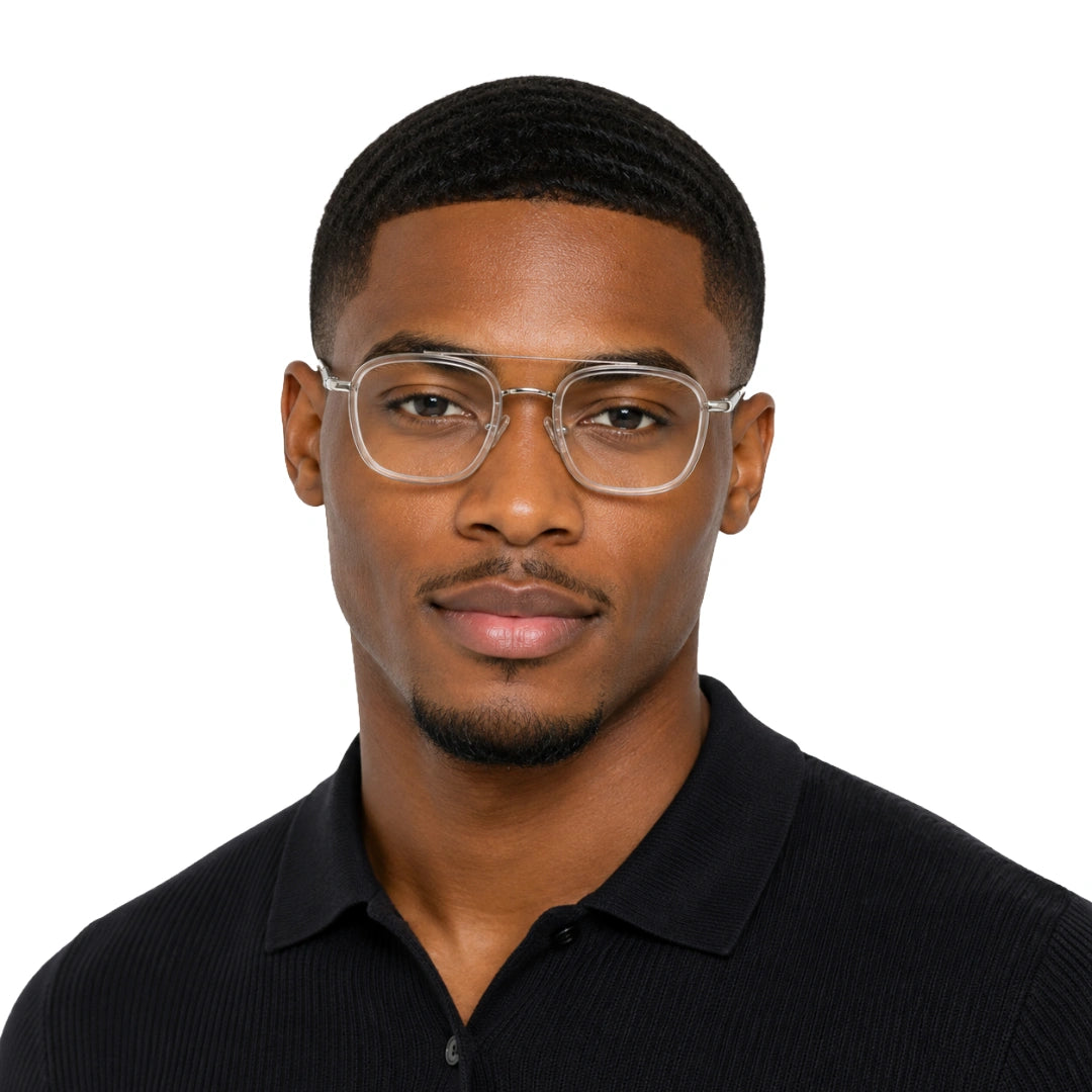 Man wearing OS Slomga 31004 modern square double bridge eyeglasses in transparent, front view