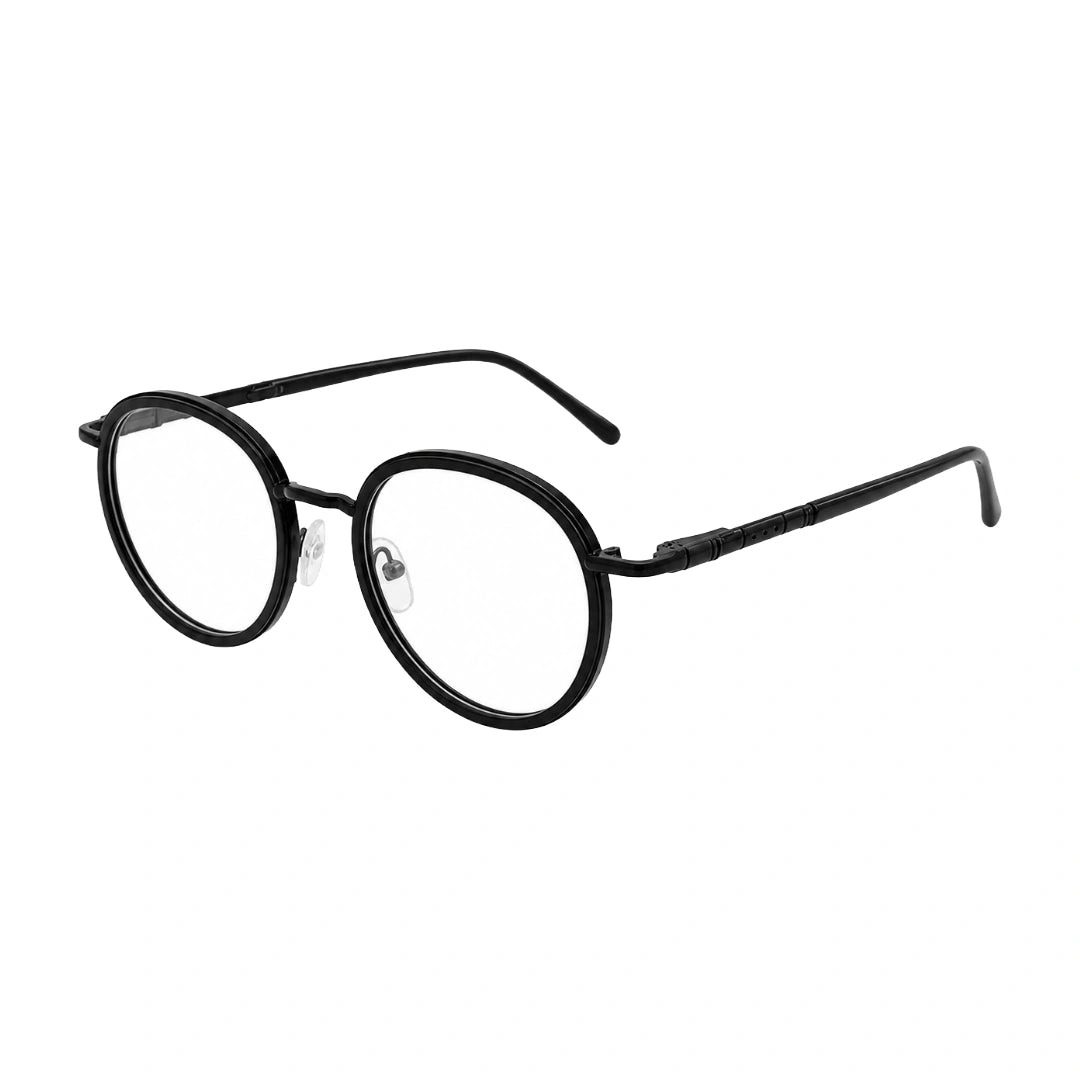 OS Slomga 31006 dual-material round prescription frame in black, three-quarter angled view