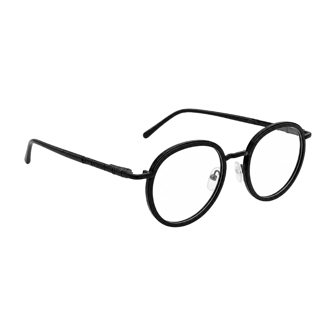 OS Slomga 31006 dual-material round prescription frame in black, angled view