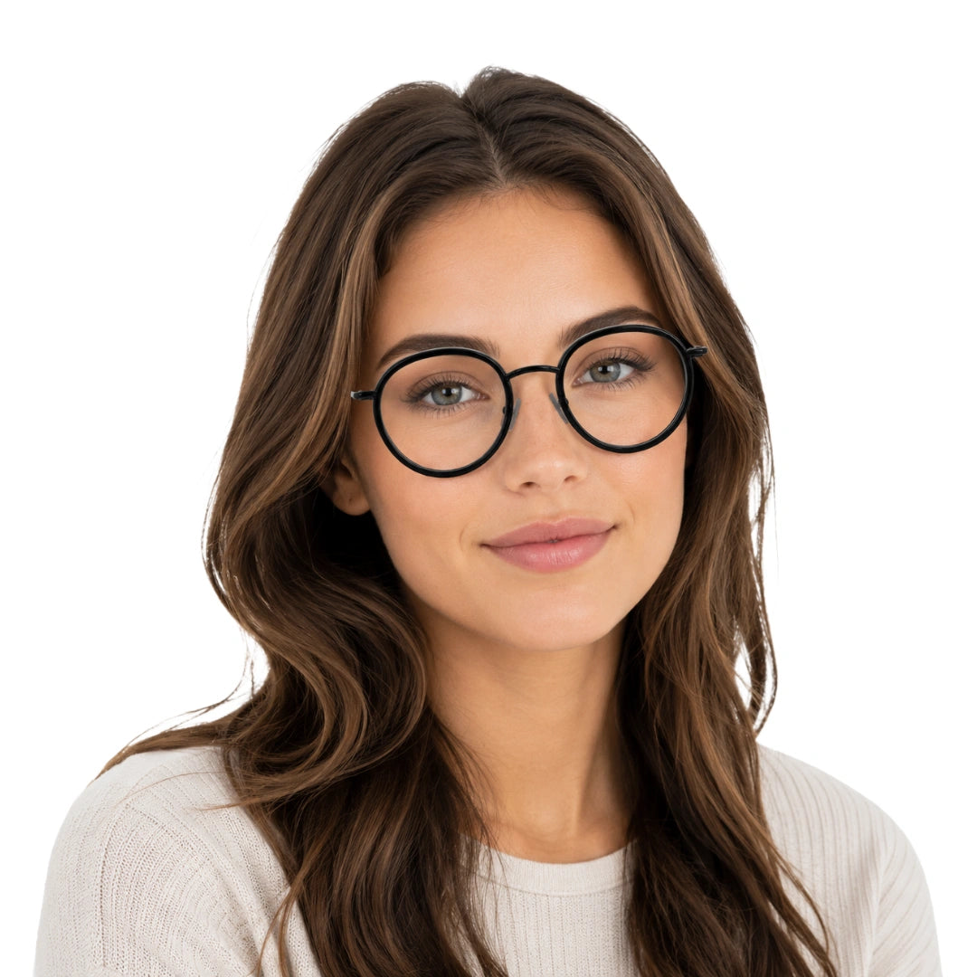Woman wearing OS Slomga 31006 dual-material round prescription frame in black