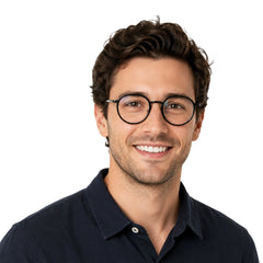 Man wearing OS Slomga 31006 dual-material round prescription frame in black