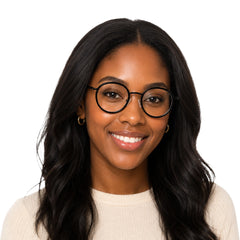 Woman wearing OS Slomga 31006 dual-material round prescription frame in black, front view
