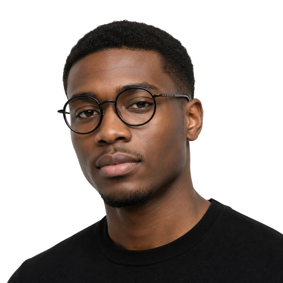 Man wearing OS Slomga 31006 dual-material round prescription frame in black, front view