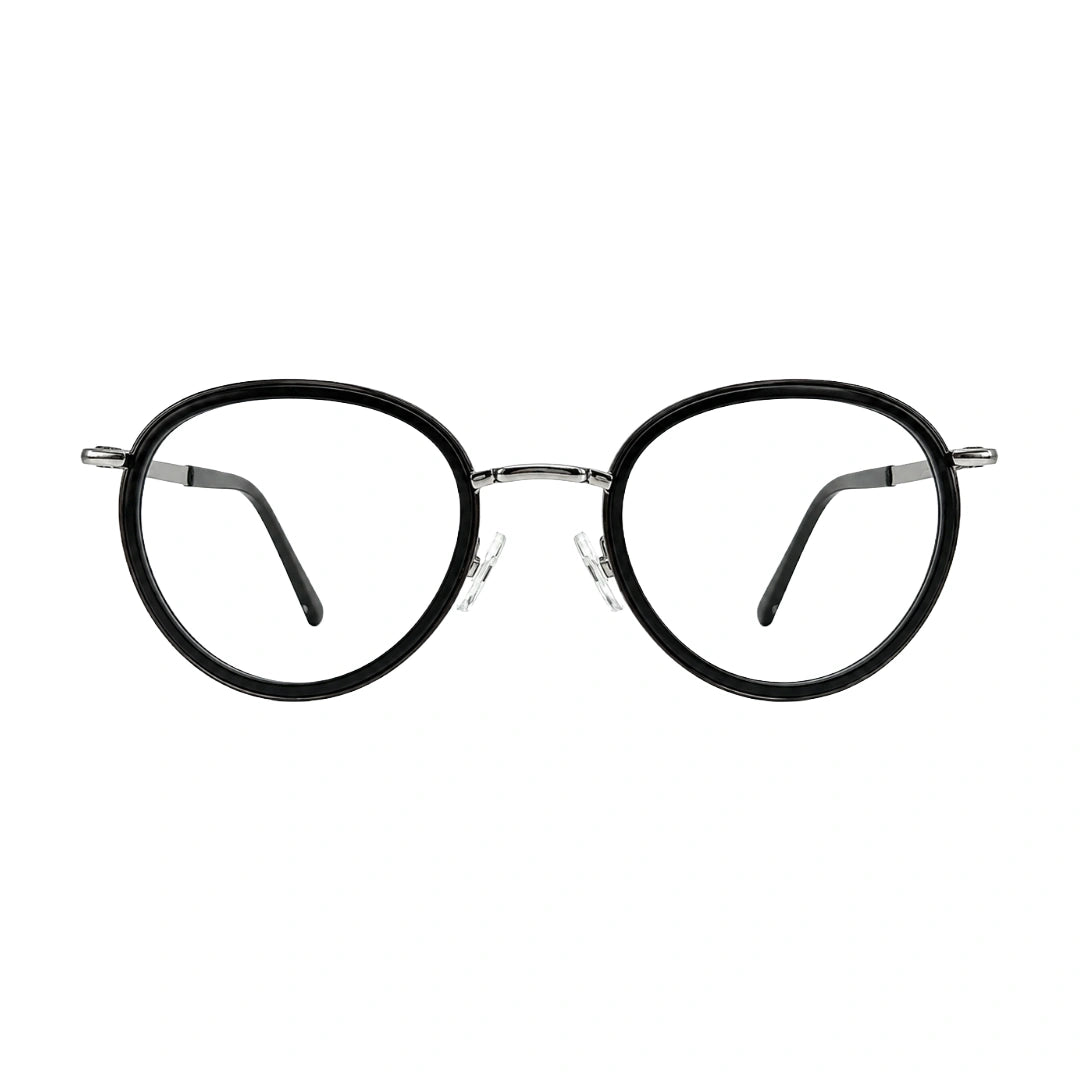 OS Slomga 31006 dual-material round prescription frame in black and silver, front view
