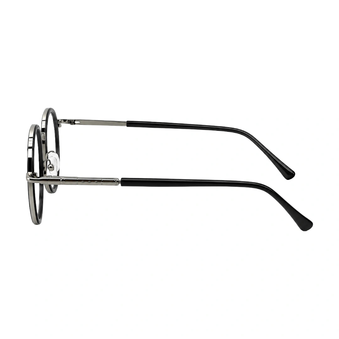OS Slomga 31006 dual-material round prescription frame in black and silver, side profile view