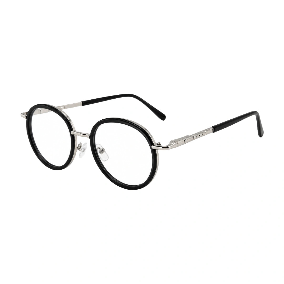 OS Slomga 31006 dual-material round prescription frame in black and silver, three-quarter angled view