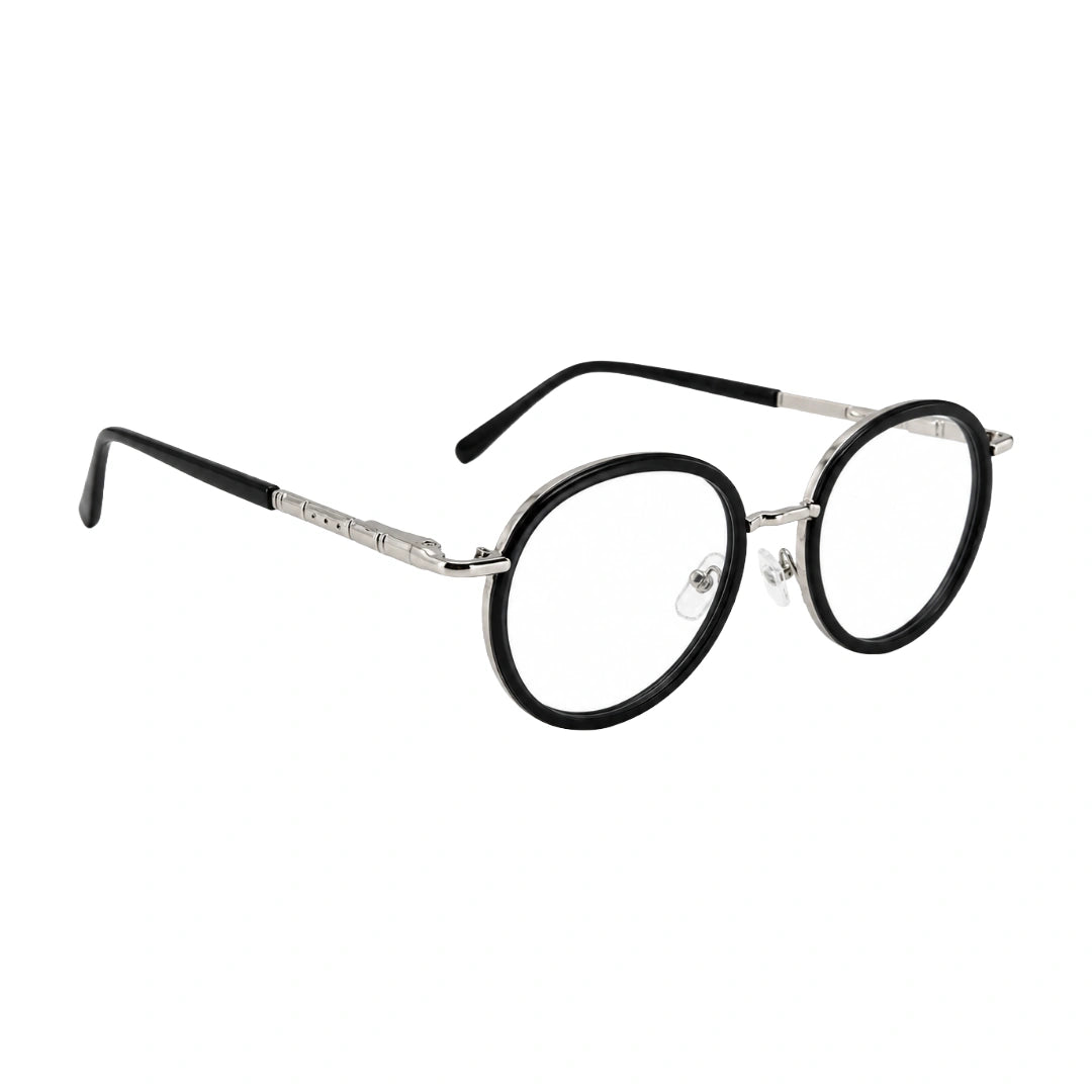 OS Slomga 31006 dual-material round prescription frame in black and silver, angled view