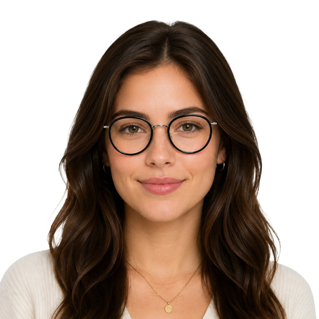 Woman wearing OS Slomga 31006 dual-material round prescription frame in black and silver