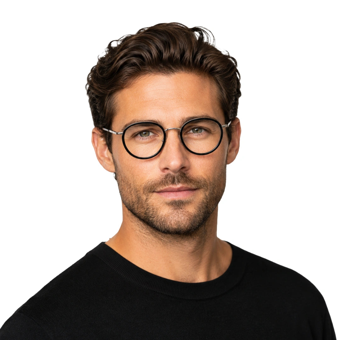 Man wearing OS Slomga 31006 dual-material round prescription frame in black and silver