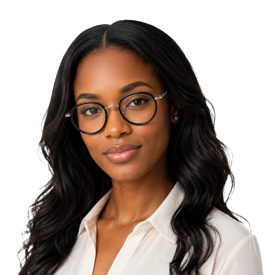 Woman wearing OS Slomga 31006 dual-material round prescription frame in black and silver, front view