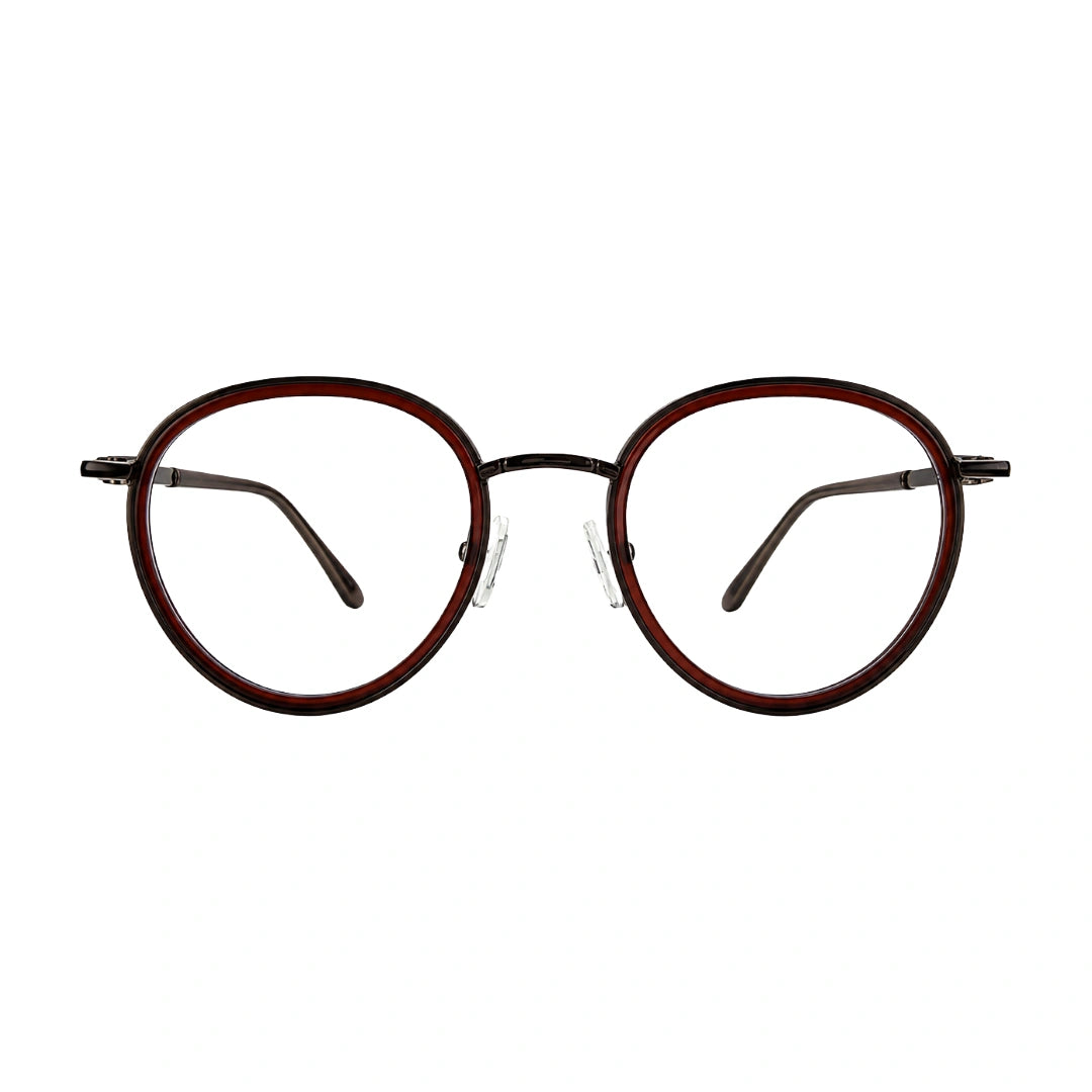 OS Slomga 31006 dual-material round prescription frame in brown, front view