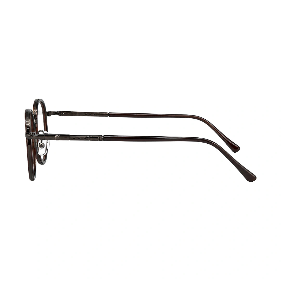 OS Slomga 31006 dual-material round prescription frame in brown, side profile view