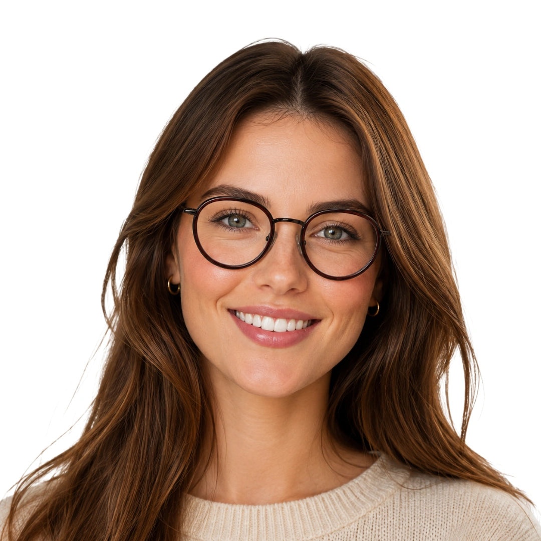 Woman wearing OS Slomga 31006 dual-material round prescription frame in brown