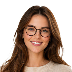 Woman wearing OS Slomga 31006 dual-material round prescription frame in brown