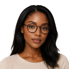 Woman wearing OS Slomga 31006 dual-material round prescription frame in brown, front view