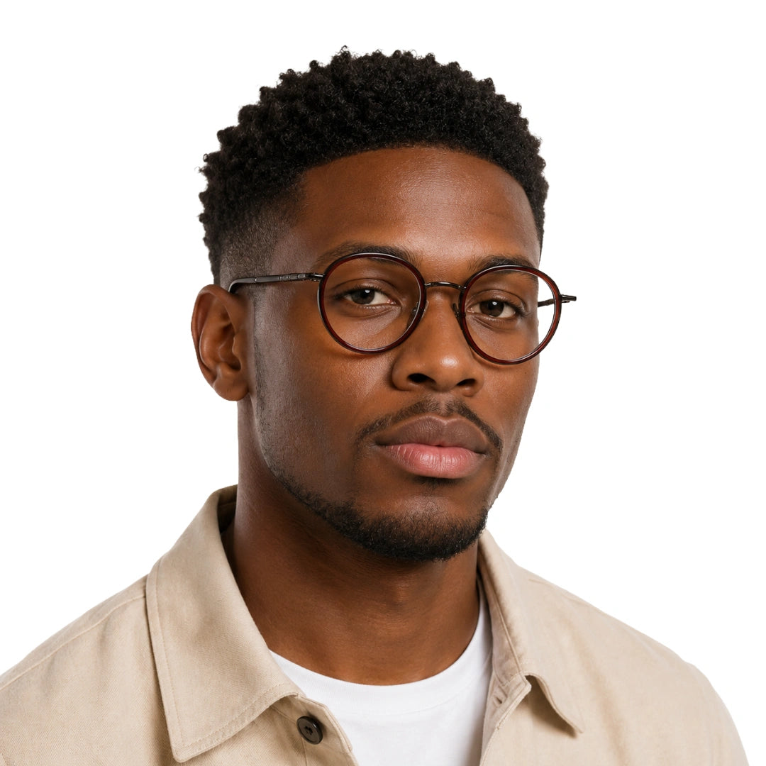 Man wearing OS Slomga 31006 dual-material round prescription frame in brown, front view