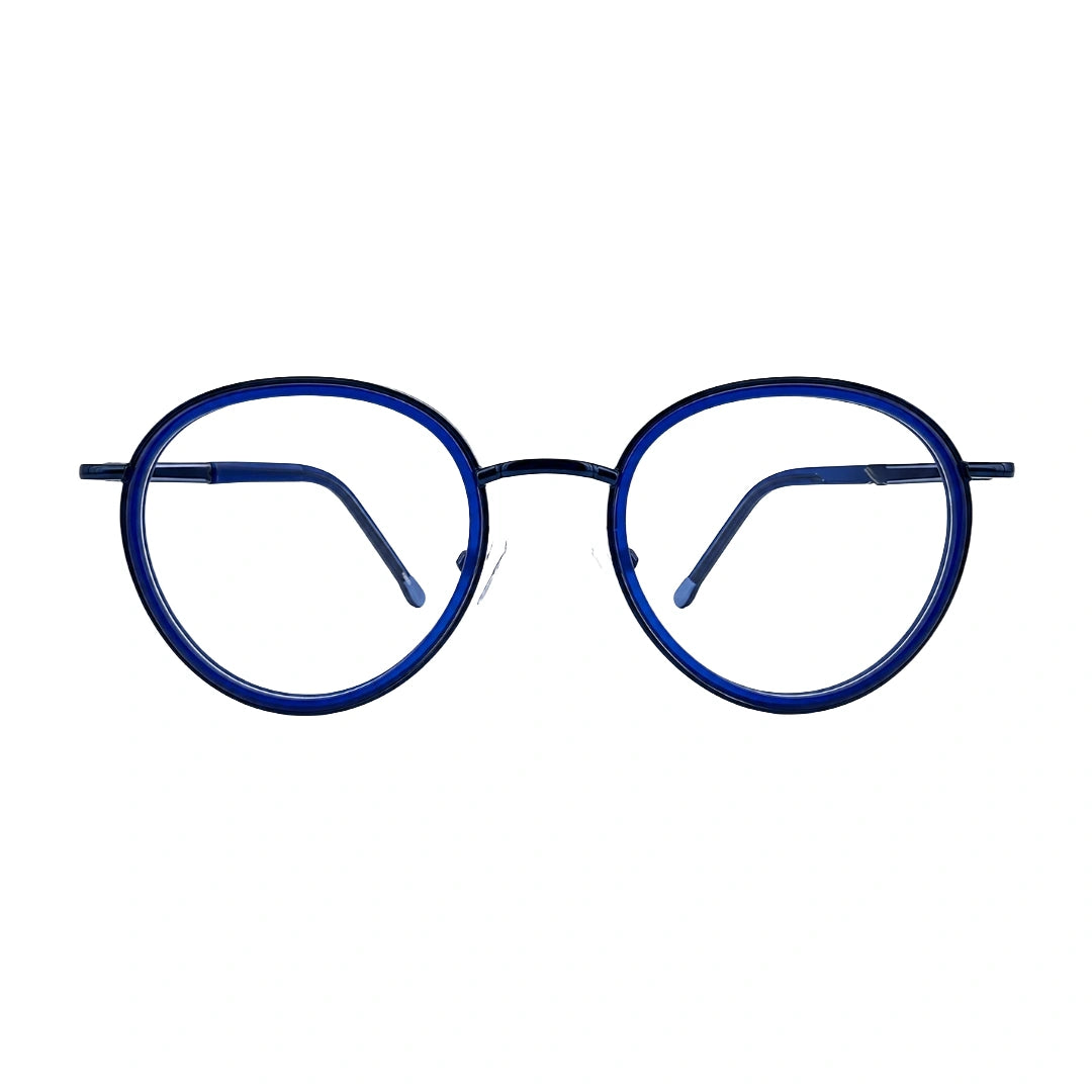 OS Slomga 31006 dual-material round prescription frame in dark blue, front view